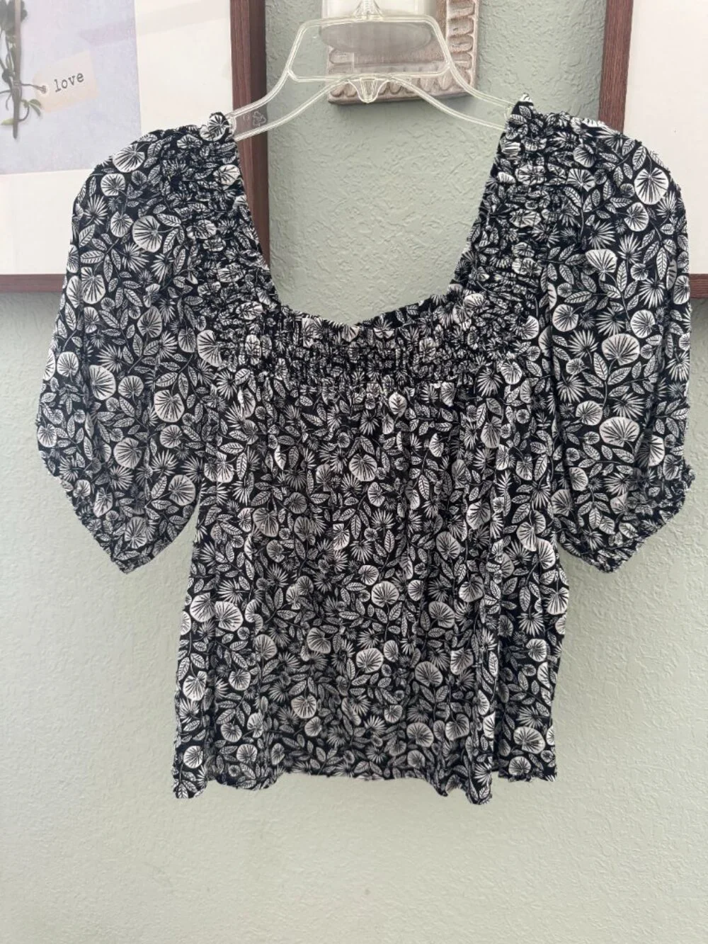 LOFT XS Black White Floral 100% Cotton Smocked Square Neck Puff Sleeve Top